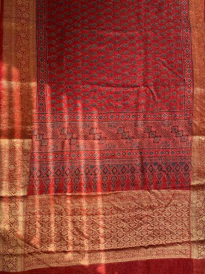 SNEHLATA: HANDBLOCK AJRAKH PURE SILK-LINEN SAREE with MEENAKARI BORDER