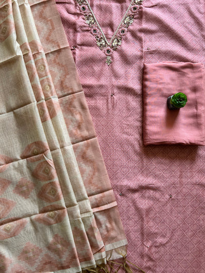 RUHANI: PRINTED MUSLIN SILK 3 PIECE SUIT SET WITH NECK HANDWORK.