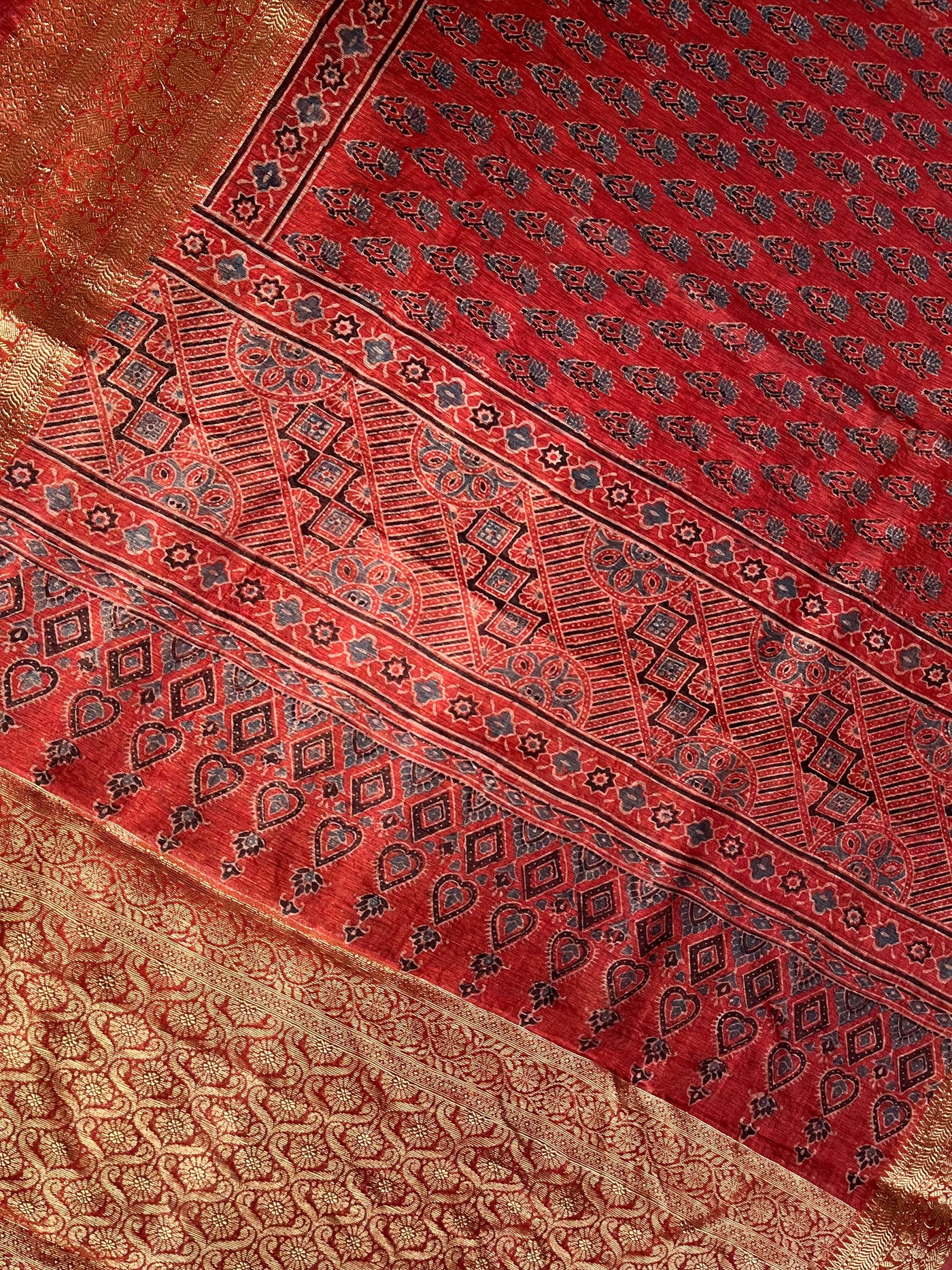 SNEHLATA: HANDBLOCK AJRAKH PURE SILK-LINEN SAREE with MEENAKARI BORDER