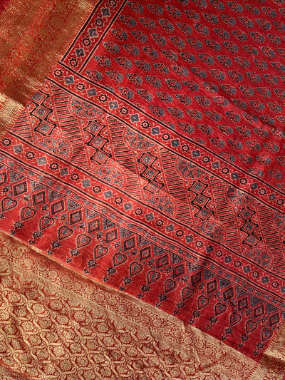 SNEHLATA: HANDBLOCK AJRAKH PURE SILK-LINEN SAREE with MEENAKARI BORDER