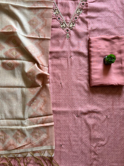RUHANI: PRINTED MUSLIN SILK 3 PIECE SUIT SET WITH NECK HANDWORK.