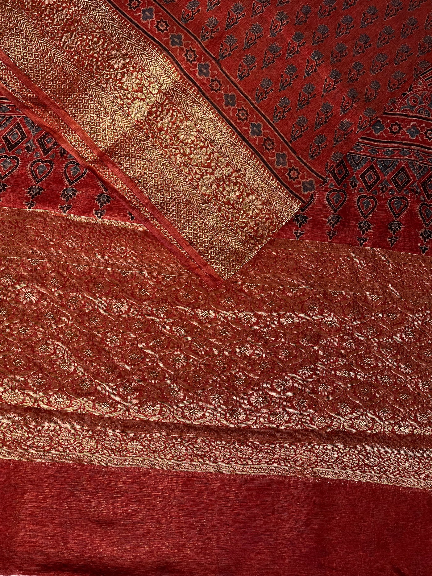 SNEHLATA: HANDBLOCK AJRAKH PURE SILK-LINEN SAREE with MEENAKARI BORDER