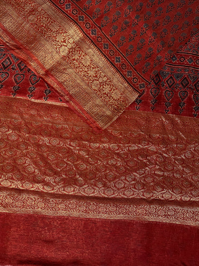 SNEHLATA: HANDBLOCK AJRAKH PURE SILK-LINEN SAREE with MEENAKARI BORDER