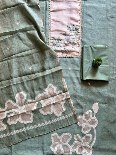 PEEHU: PASTEL GREEN,JAMDANI MUSLIN 3 PIECE SUIT SET WITH NECK EMBROIDERY
