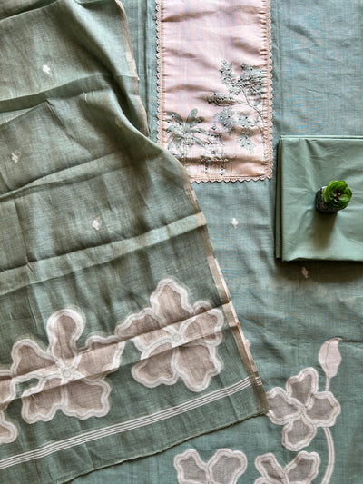 PEEHU: PASTEL GREEN,JAMDANI MUSLIN 3 PIECE SUIT SET WITH NECK EMBROIDERY