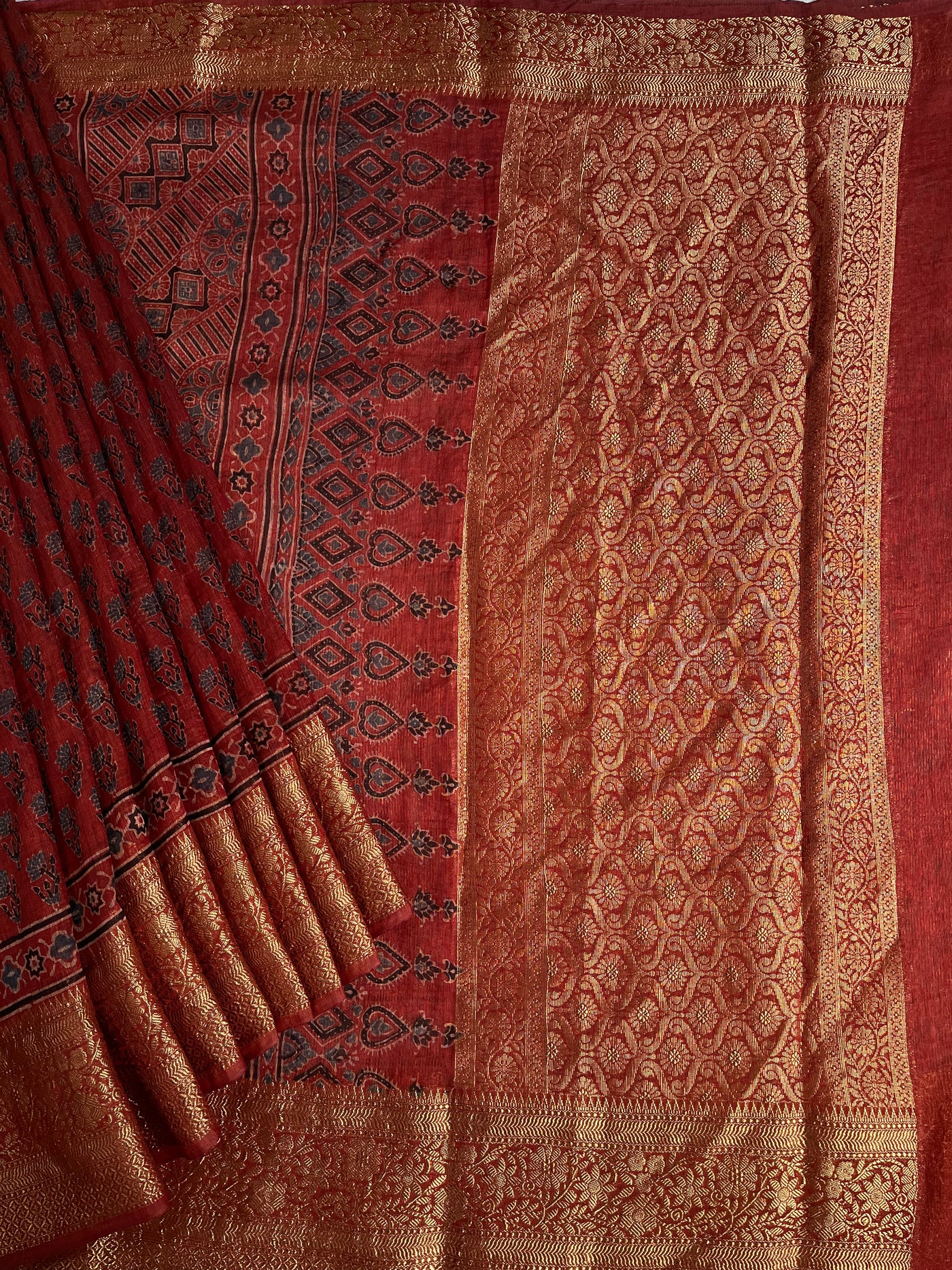 SNEHLATA: HANDBLOCK AJRAKH PURE SILK-LINEN SAREE with MEENAKARI BORDER