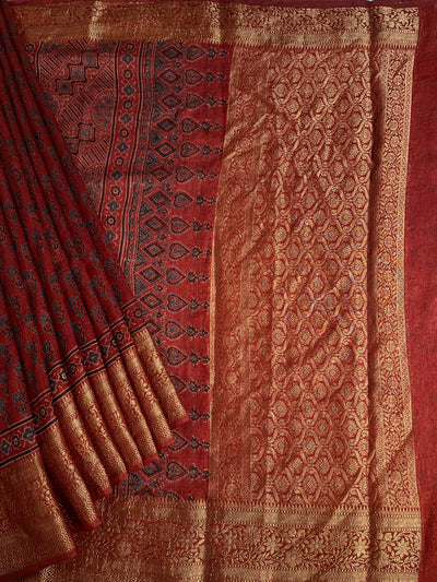 SNEHLATA: HANDBLOCK AJRAKH PURE SILK-LINEN SAREE with MEENAKARI BORDER