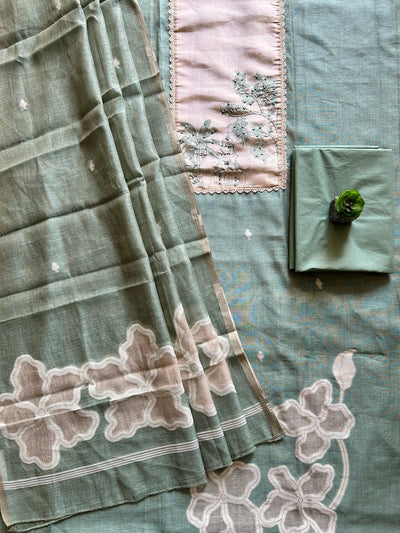 PEEHU: PASTEL GREEN,JAMDANI MUSLIN 3 PIECE SUIT SET WITH NECK EMBROIDERY