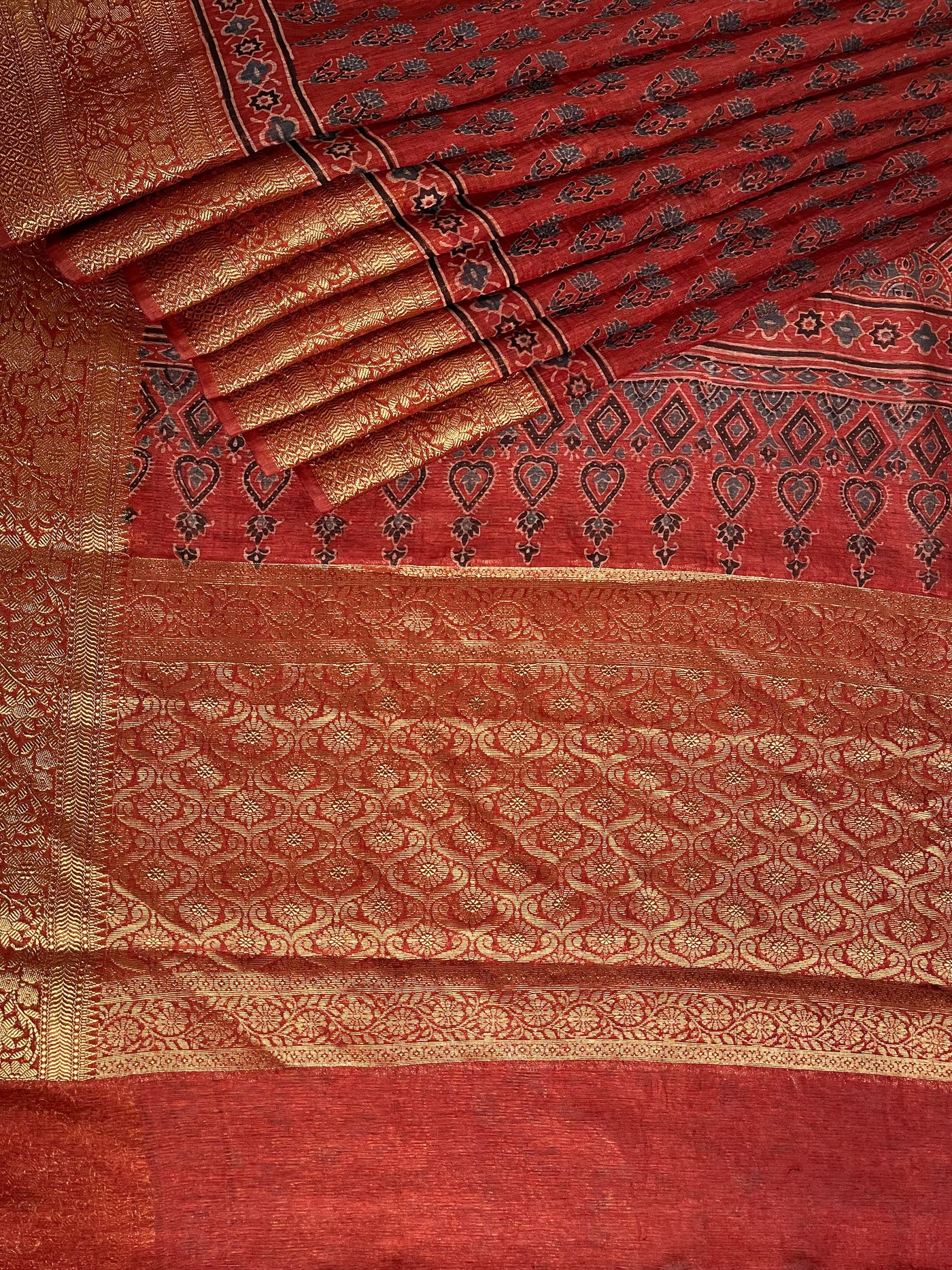 SNEHLATA: HANDBLOCK AJRAKH PURE SILK-LINEN SAREE with MEENAKARI BORDER