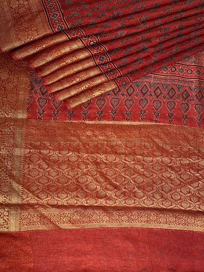 SNEHLATA: HANDBLOCK AJRAKH PURE SILK-LINEN SAREE with MEENAKARI BORDER