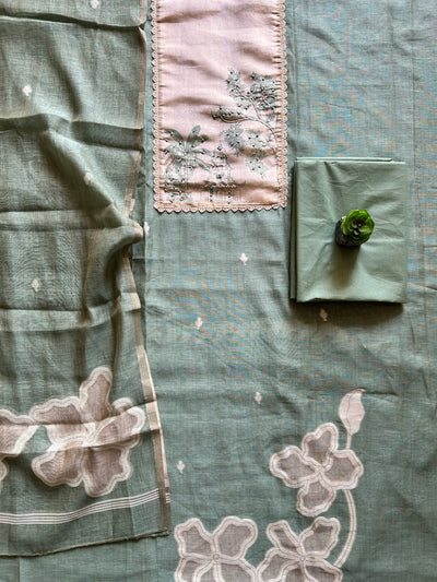 PEEHU: PASTEL GREEN,JAMDANI MUSLIN 3 PIECE SUIT SET WITH NECK EMBROIDERY