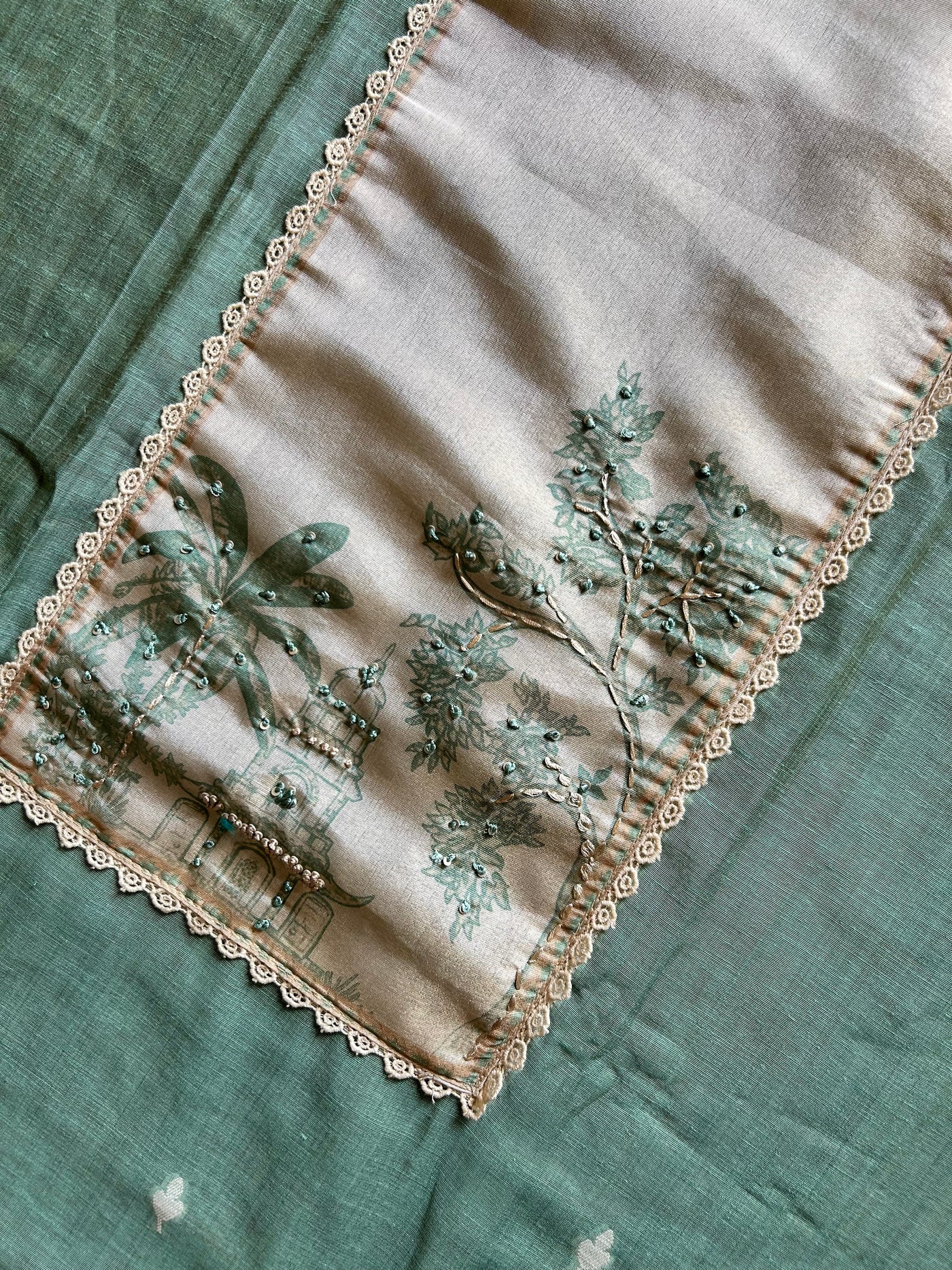 PEEHU: PASTEL GREEN,JAMDANI MUSLIN 3 PIECE SUIT SET WITH NECK EMBROIDERY