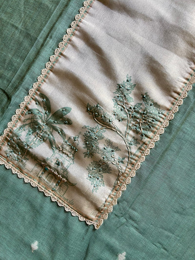 PEEHU: PASTEL GREEN,JAMDANI MUSLIN 3 PIECE SUIT SET WITH NECK EMBROIDERY