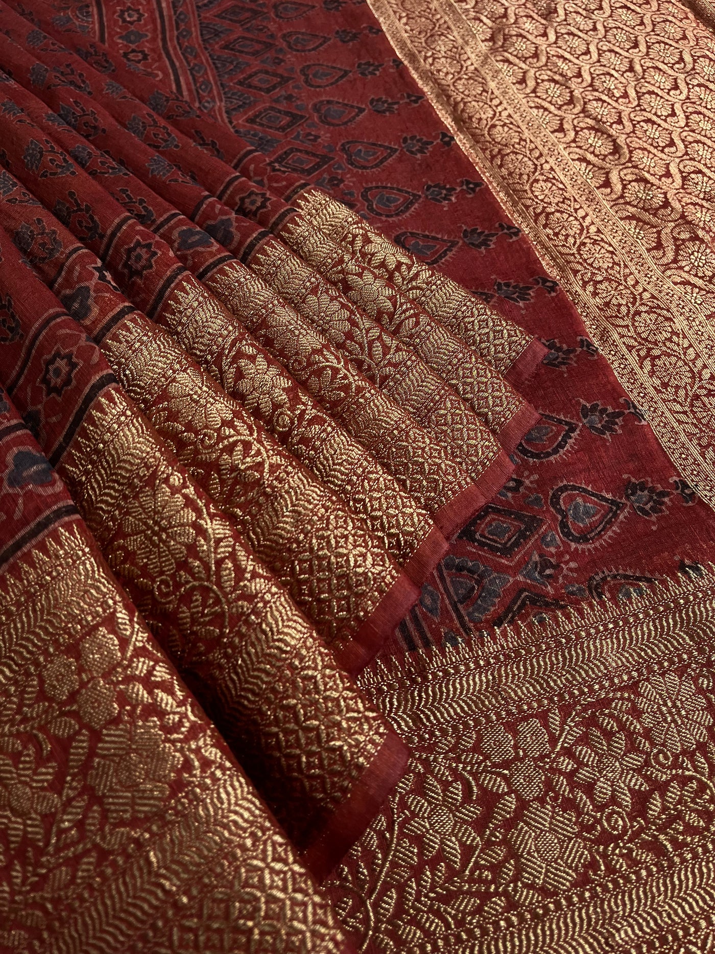 SNEHLATA: HANDBLOCK AJRAKH PURE SILK-LINEN SAREE with MEENAKARI BORDER