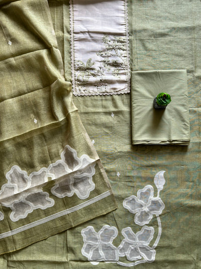 GULNAAR: PASTEL GREEN,JAMDANI MUSLIN 3 PIECE SUIT SET WITH NECK EMBROIDERY