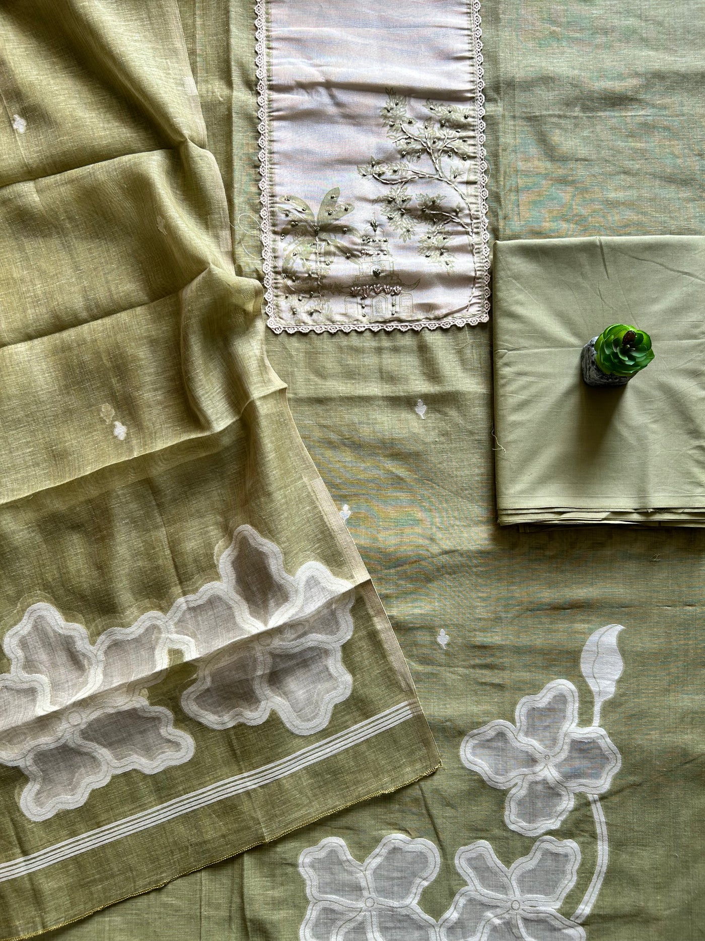 GULNAAR: PASTEL GREEN,JAMDANI MUSLIN 3 PIECE SUIT SET WITH NECK EMBROIDERY