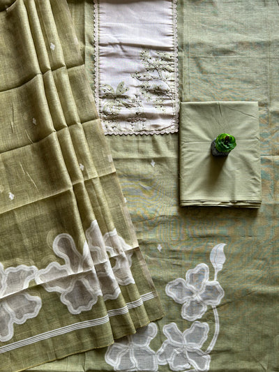 GULNAAR: PASTEL GREEN,JAMDANI MUSLIN 3 PIECE SUIT SET WITH NECK EMBROIDERY