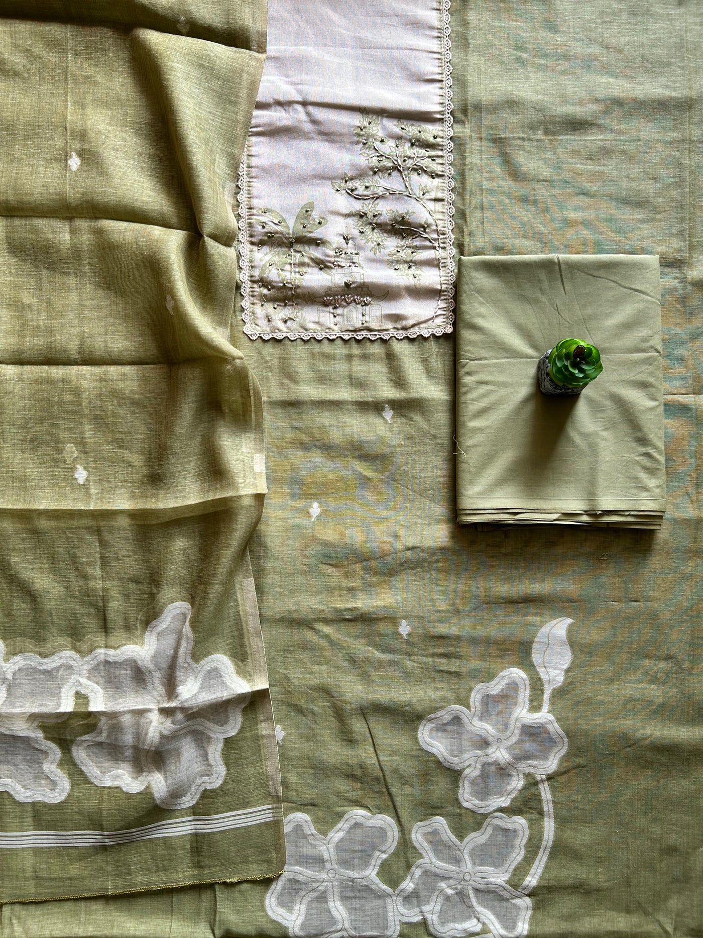 GULNAAR: PASTEL GREEN,JAMDANI MUSLIN 3 PIECE SUIT SET WITH NECK EMBROIDERY