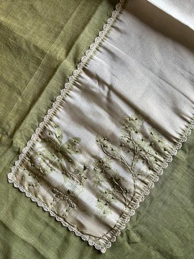 GULNAAR: PASTEL GREEN,JAMDANI MUSLIN 3 PIECE SUIT SET WITH NECK EMBROIDERY