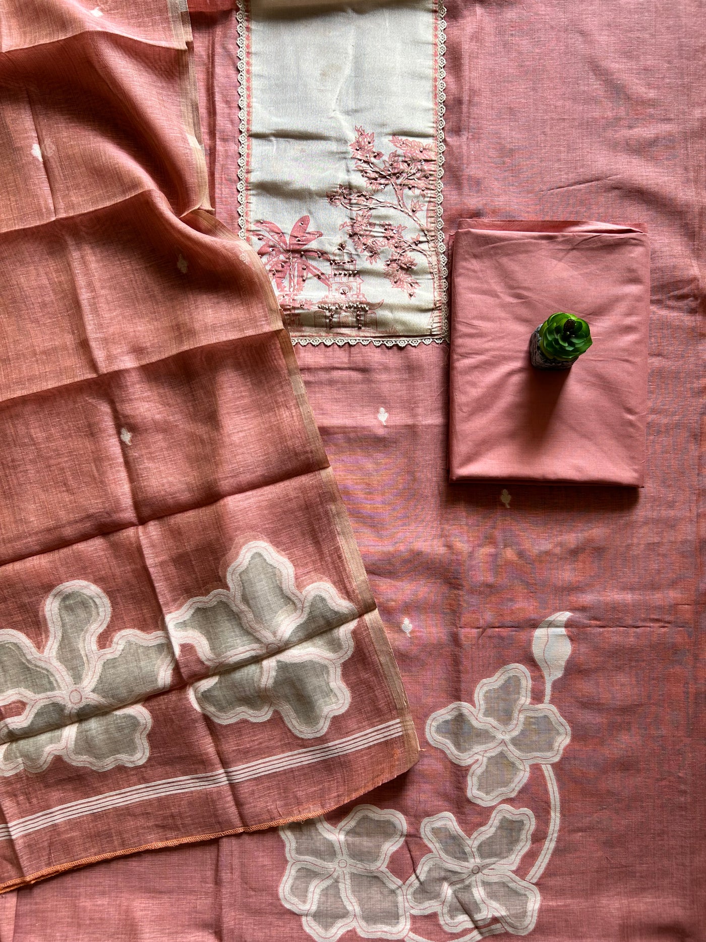 NANDITA: PEACH,JAMDANI MUSLIN 3 PIECE SUIT SET WITH NECK EMBROIDERY