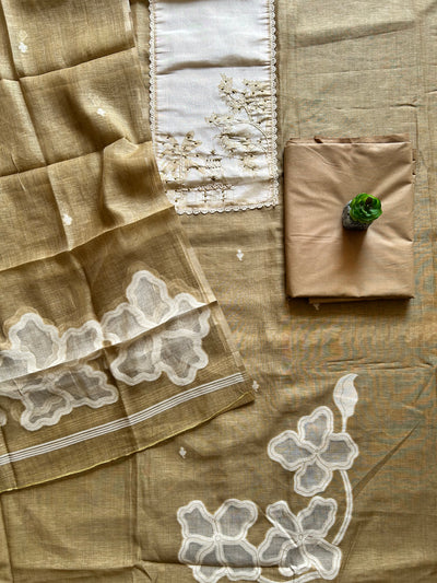 NISHA: HEENA,JAMDANI MUSLIN 3 PIECE SUIT SET WITH NECK EMBROIDERY