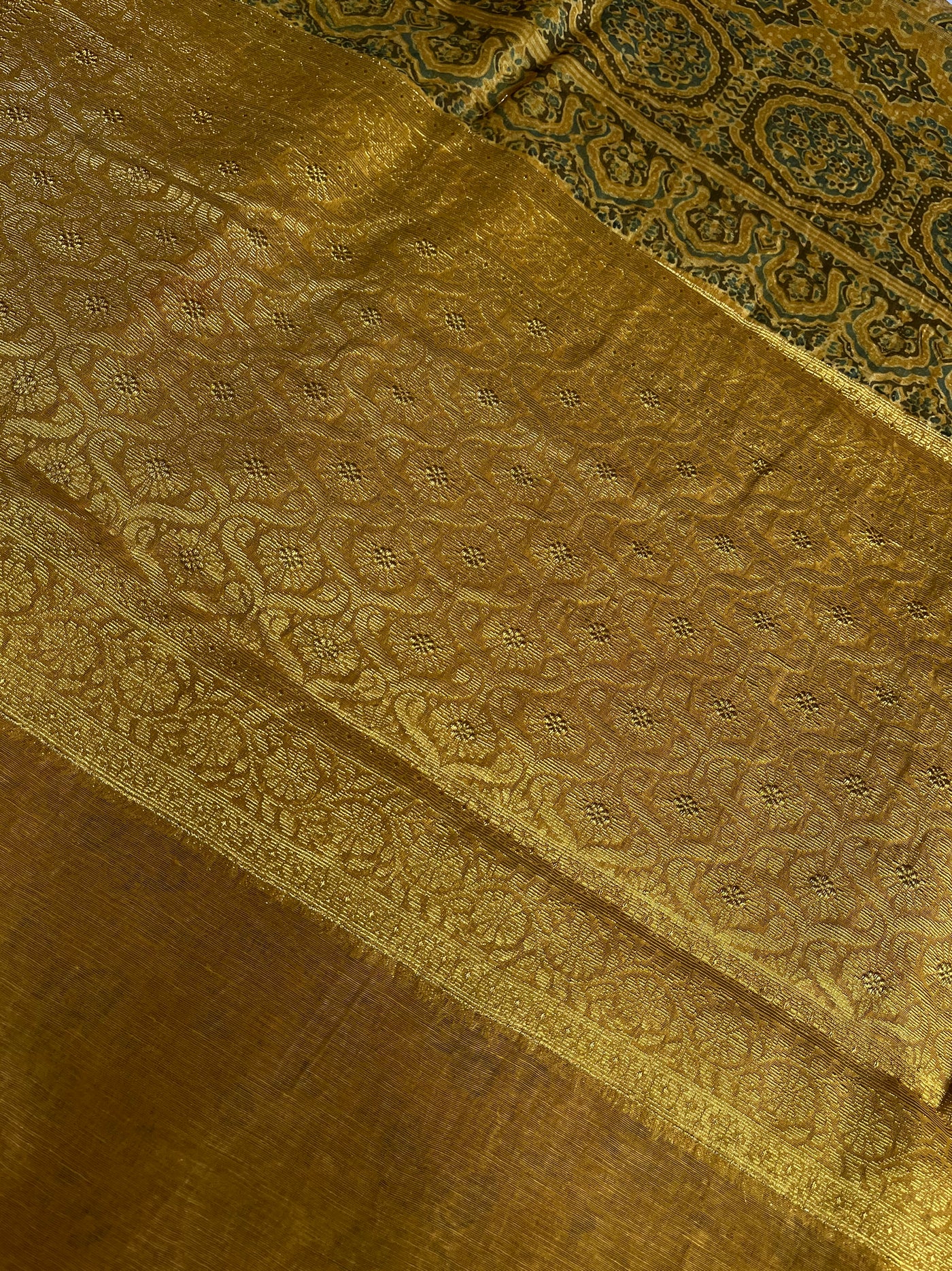 MALVIKA: HANDBLOCK AJRAKH PURE SILK-LINEN SAREE with MEENAKARI BORDER