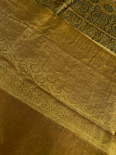 MALVIKA: HANDBLOCK AJRAKH PURE SILK-LINEN SAREE with MEENAKARI BORDER