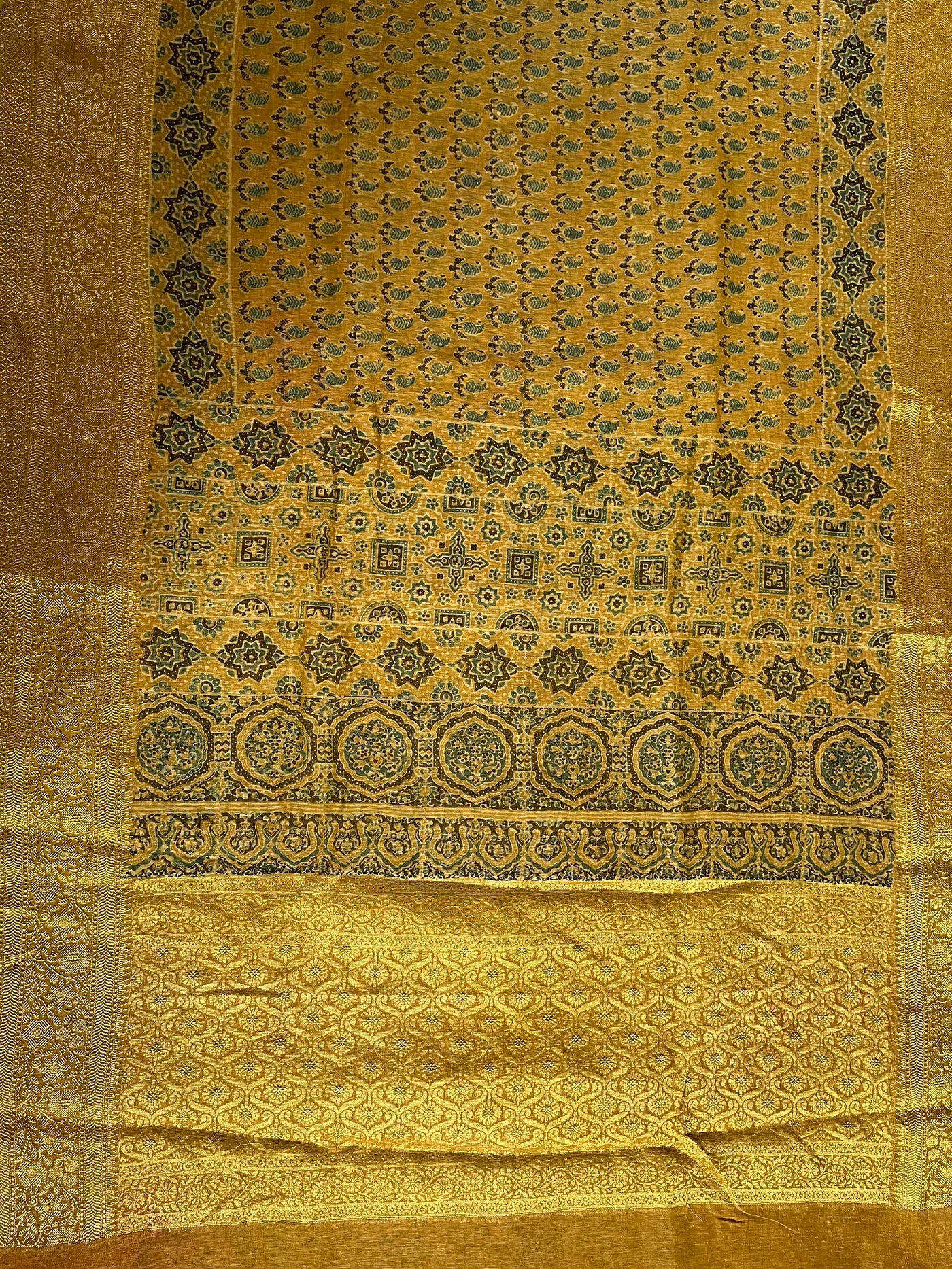 MALVIKA: HANDBLOCK AJRAKH PURE SILK-LINEN SAREE with MEENAKARI BORDER
