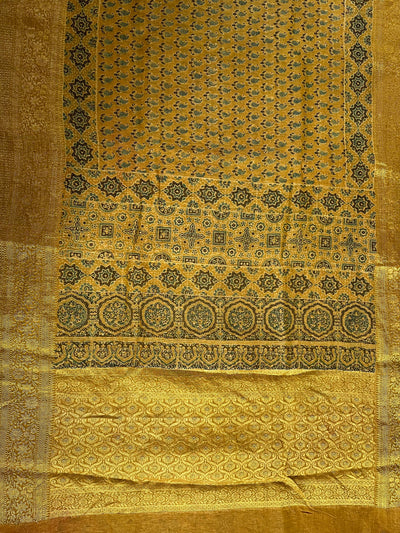 MALVIKA: HANDBLOCK AJRAKH PURE SILK-LINEN SAREE with MEENAKARI BORDER