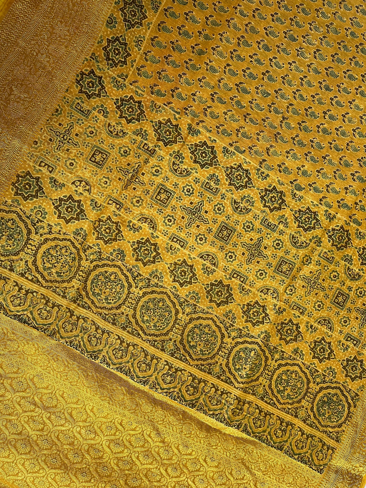MALVIKA: HANDBLOCK AJRAKH PURE SILK-LINEN SAREE with MEENAKARI BORDER