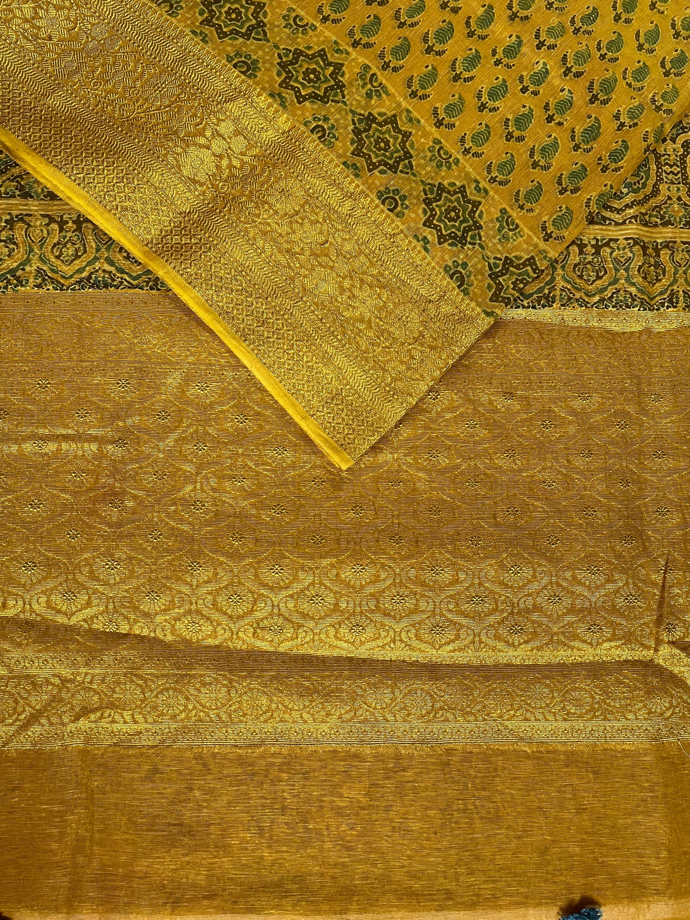 MALVIKA: HANDBLOCK AJRAKH PURE SILK-LINEN SAREE with MEENAKARI BORDER