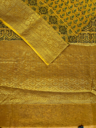 MALVIKA: HANDBLOCK AJRAKH PURE SILK-LINEN SAREE with MEENAKARI BORDER