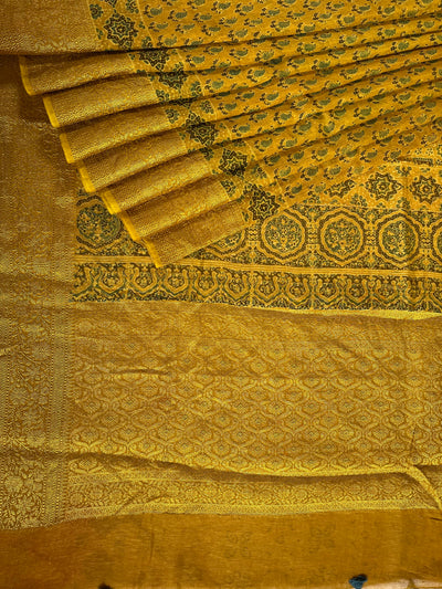 MALVIKA: HANDBLOCK AJRAKH PURE SILK-LINEN SAREE with MEENAKARI BORDER
