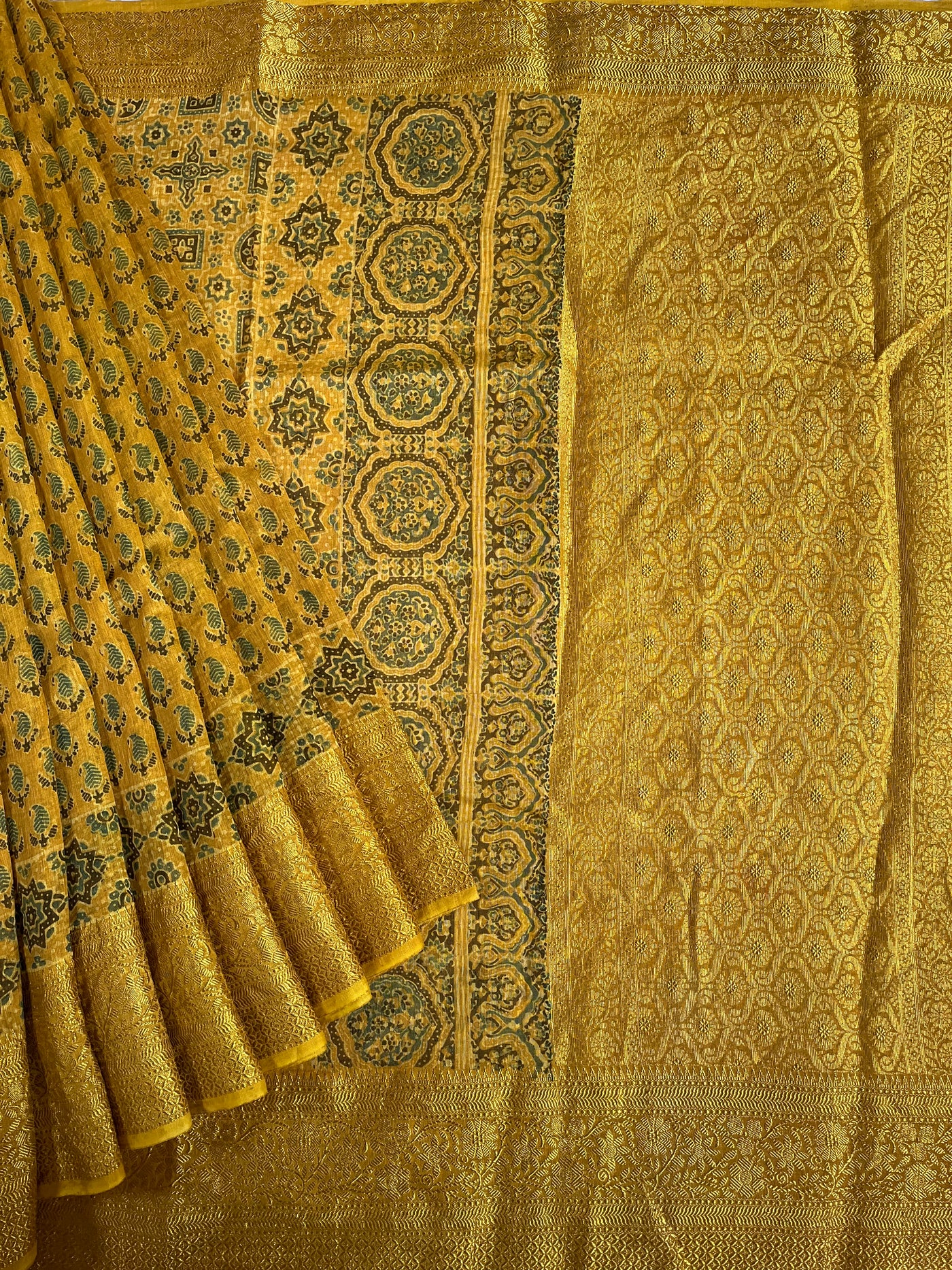 MALVIKA: HANDBLOCK AJRAKH PURE SILK-LINEN SAREE with MEENAKARI BORDER