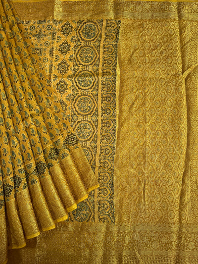 MALVIKA: HANDBLOCK AJRAKH PURE SILK-LINEN SAREE with MEENAKARI BORDER