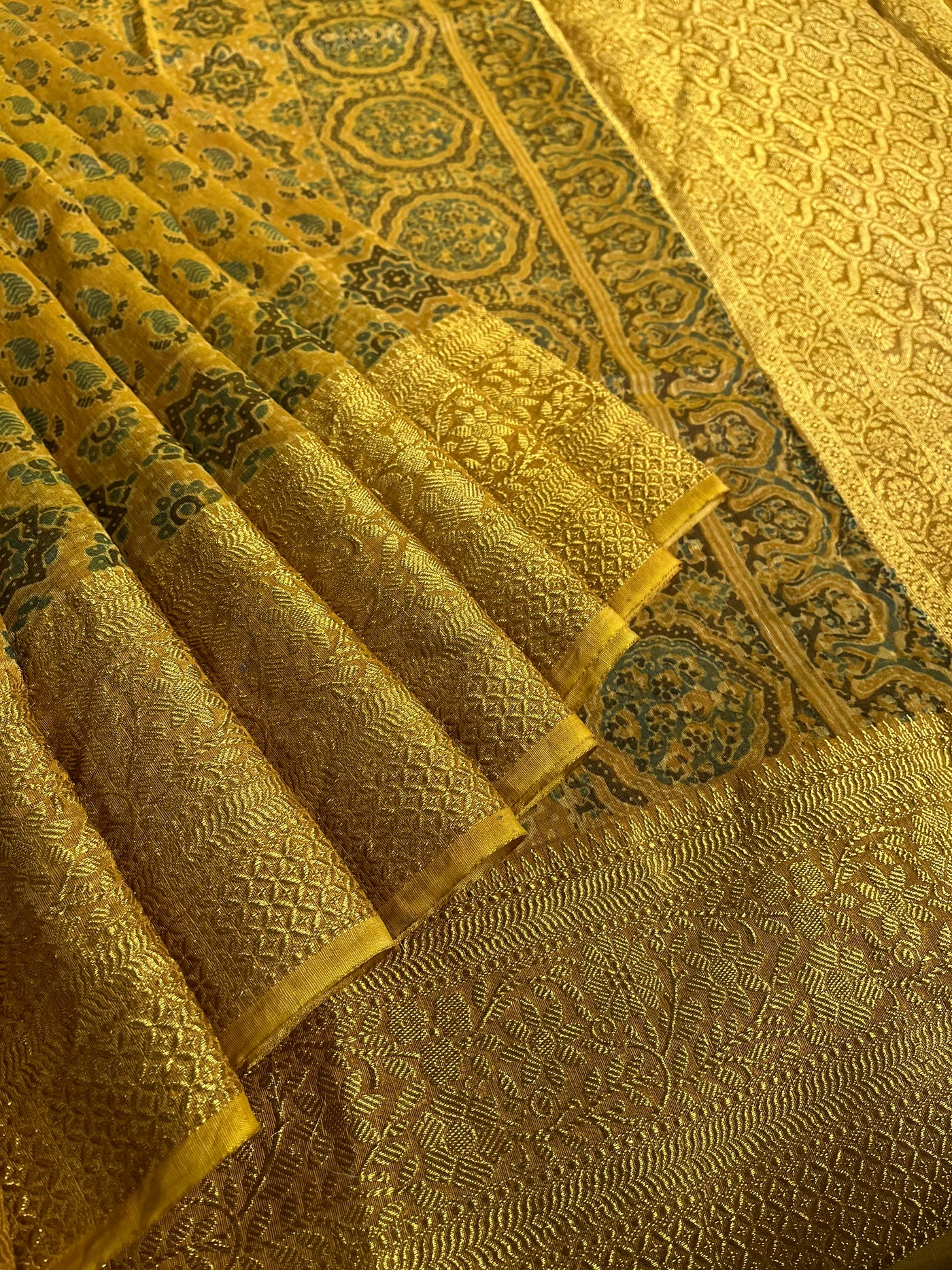 MALVIKA: HANDBLOCK AJRAKH PURE SILK-LINEN SAREE with MEENAKARI BORDER