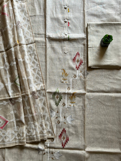 KISHORI: ECRU, MUSLIN CHANDERI PARTY WEAR 3 PIECE SUIT SET WITH THREAD EMBROIDERY.