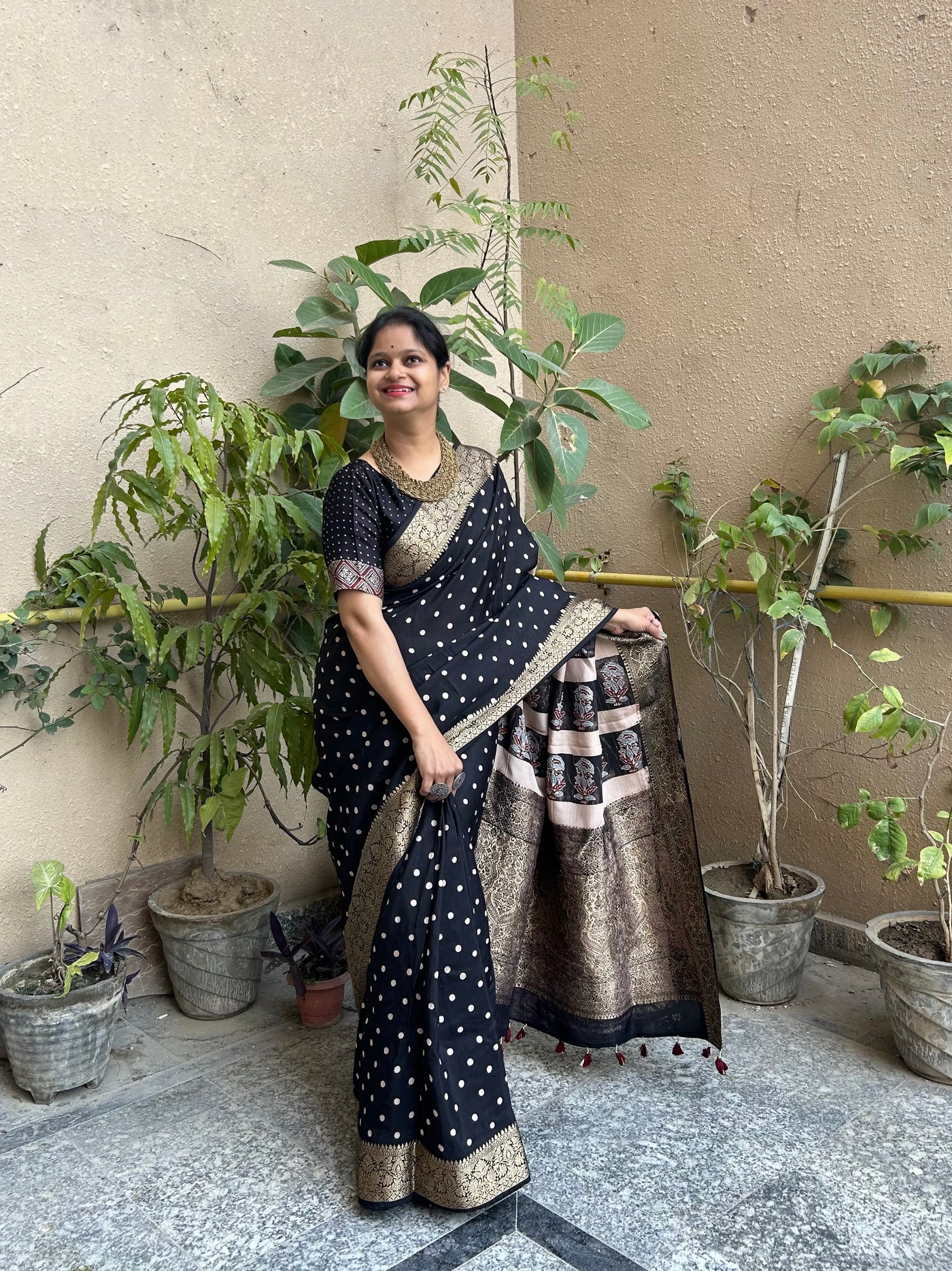 Bindu:Premium Dola silk Meenakari Pallu Ajrakh Saree