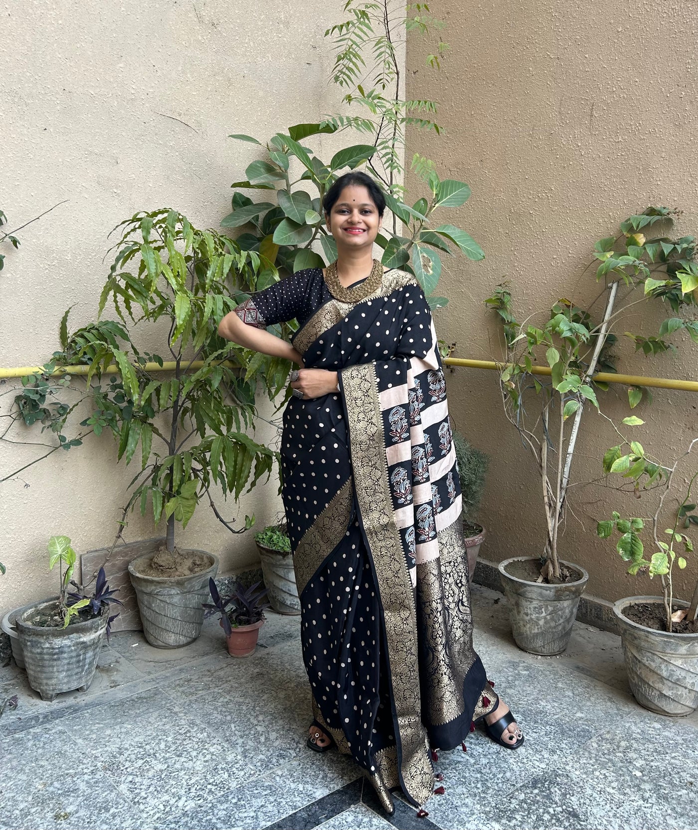 Bindu:Premium Dola silk Meenakari Pallu Ajrakh Saree
