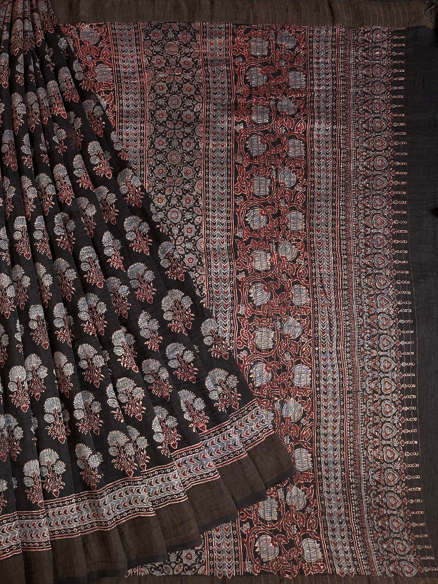 NANDINI:HANDBLOCK AJRAKH PURE SILK-LINEN SAREE