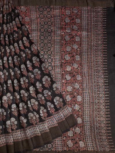 NANDINI:HANDBLOCK AJRAKH PURE SILK-LINEN SAREE