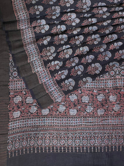 NANDINI:HANDBLOCK AJRAKH PURE SILK-LINEN SAREE