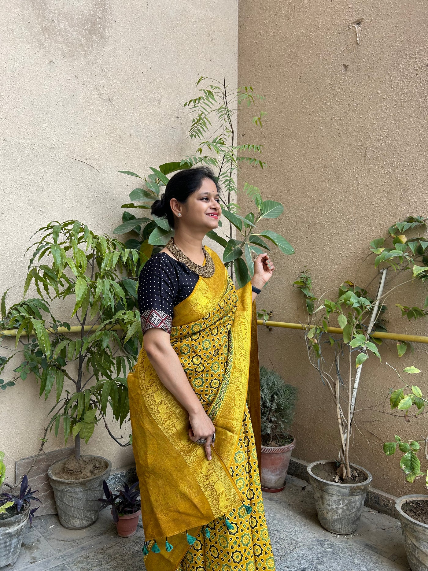 Swara:Premium Dola SILK Meenakari Ajrakh Saree