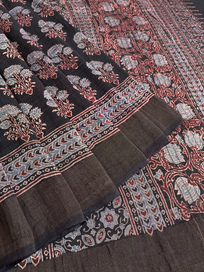 NANDINI:HANDBLOCK AJRAKH PURE SILK-LINEN SAREE