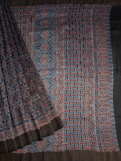 MEHAK:HANDBLOCK AJRAKH PURE SILK-LINEN SAREE