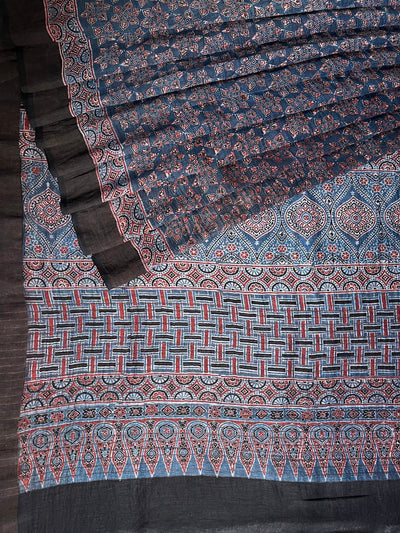 MEHAK:HANDBLOCK AJRAKH PURE SILK-LINEN SAREE