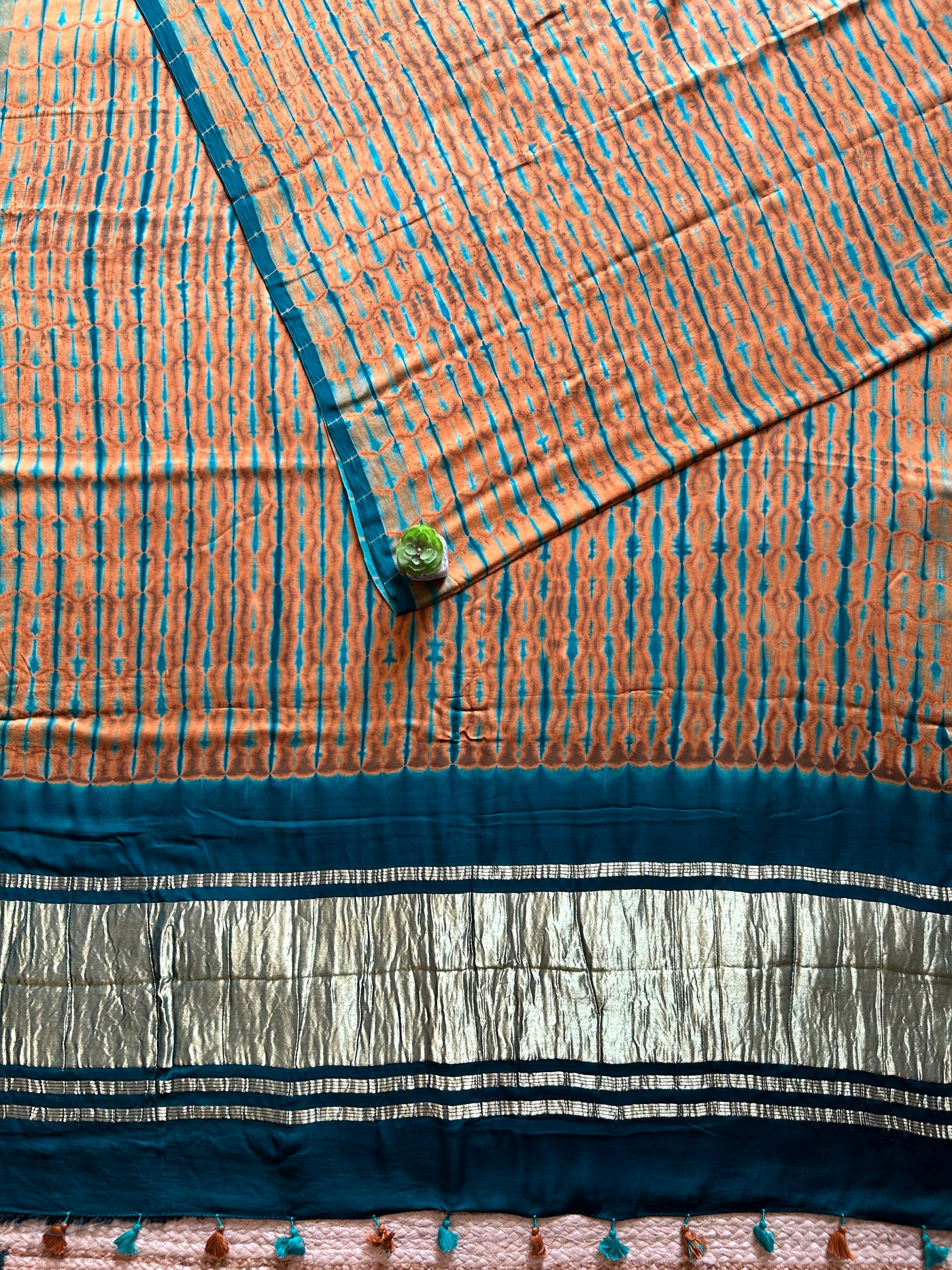 GOLDEN BROWN:HANDMADE TIE&DYE MODAL SILK SAREE WITH TISSUE PALLU