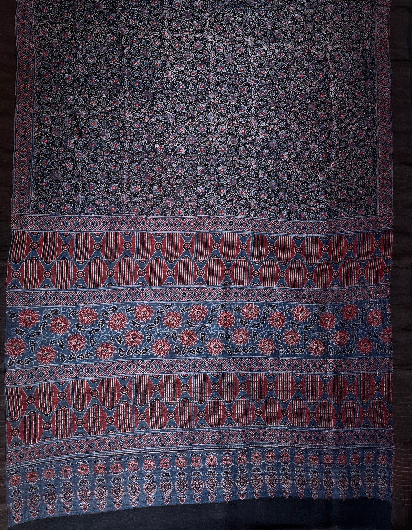 BHAIRAVI :HANDBLOCK AJRAKH PURE SILK-LINEN SAREE