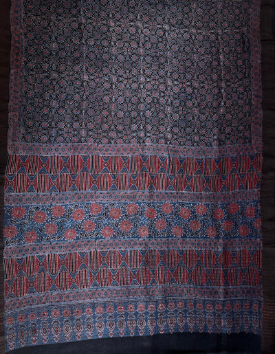 BHAIRAVI :HANDBLOCK AJRAKH PURE SILK-LINEN SAREE