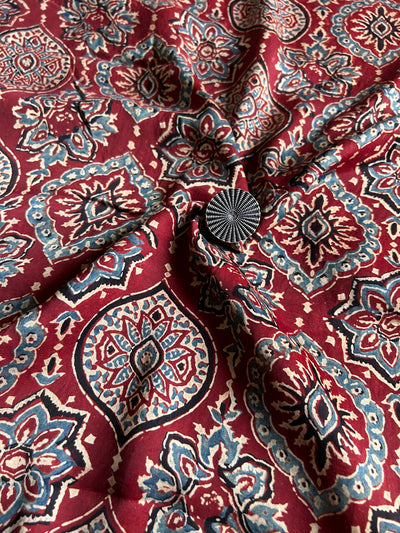 Red Badam Boota  Handblock Printed Ajrakh Modal Silk Fabric